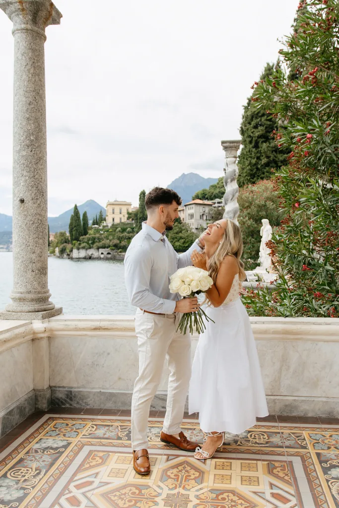 Romantic proposal on Lake Como balcony