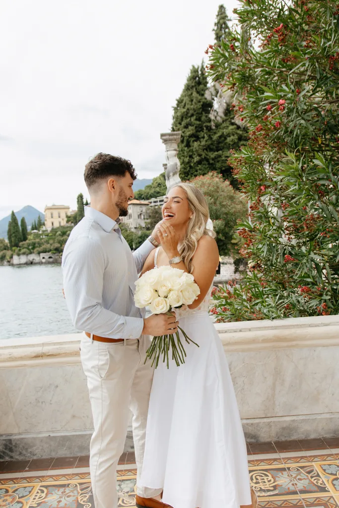 Romantic proposal on Lake Como balcony