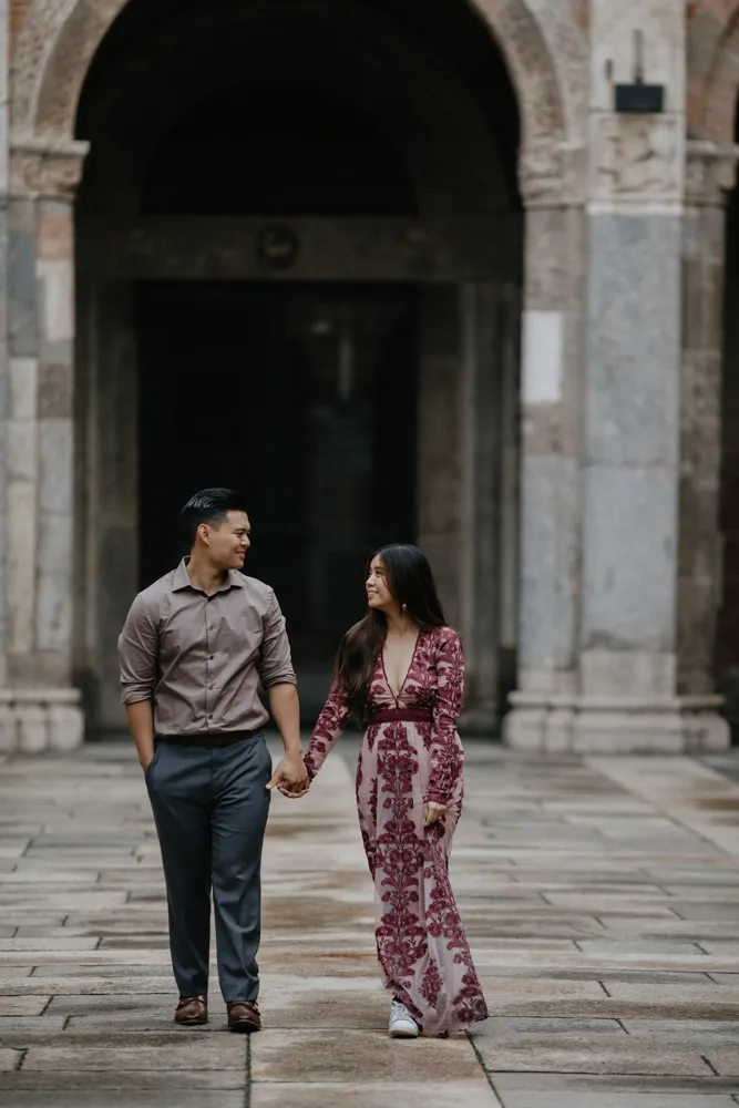 Cinematic wedding photography outside Sant Ambrogio Basilica Milan