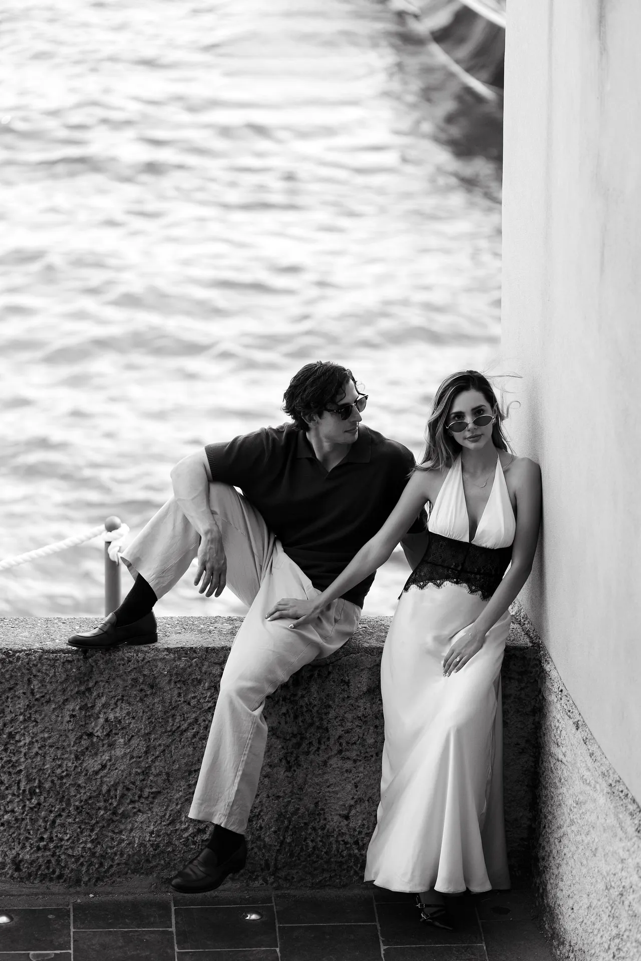 Couple during engagement photo session in Varenna after proposal