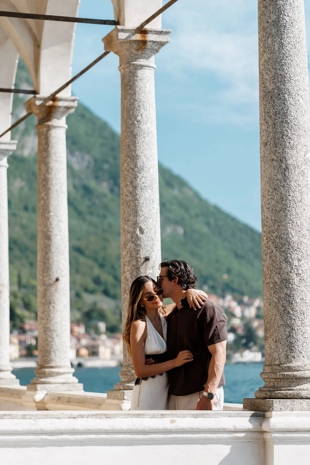 Couple celebrating engagement at Villa Monastero, Lake Como